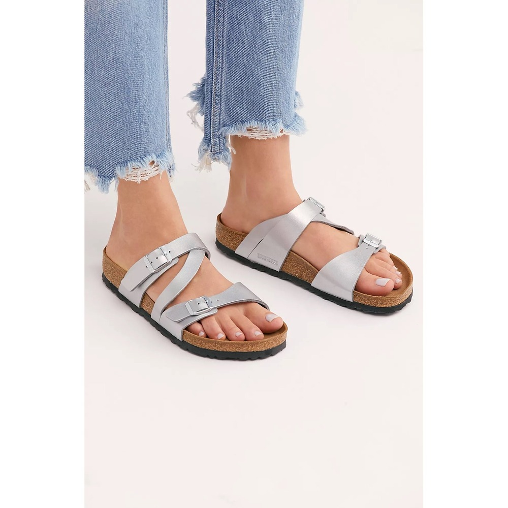 Birkenstock Womens Salina Sandals 38 8 Silver Metallic Strappy Comfort Slides
